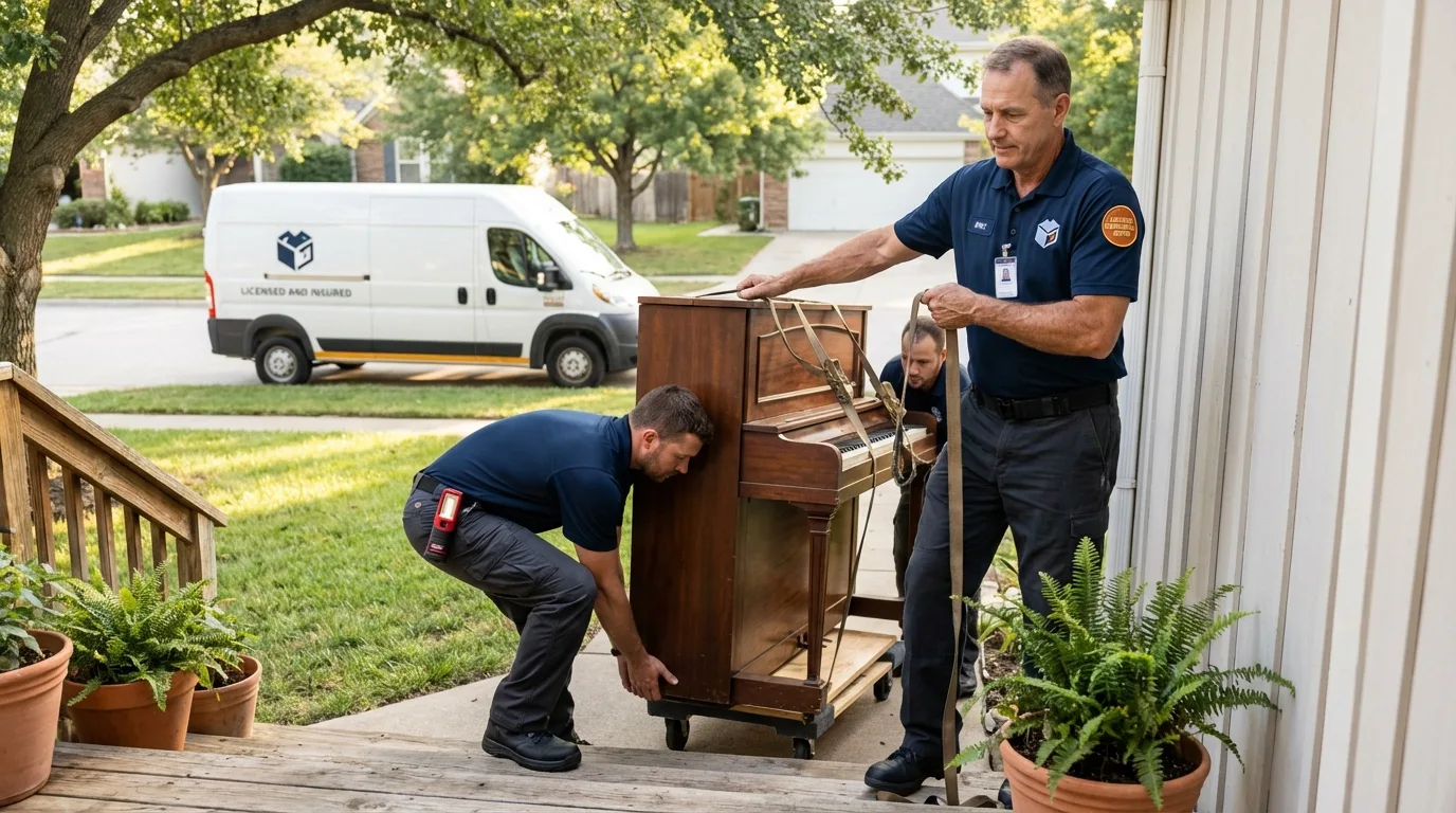 Licensed piano movers securing grand piano in Dunbar, WV
