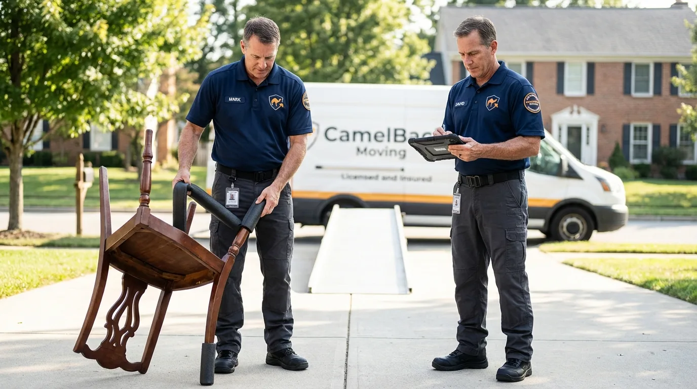 Movers inspecting furniture for damage prevention before loading in Dunbar, WV