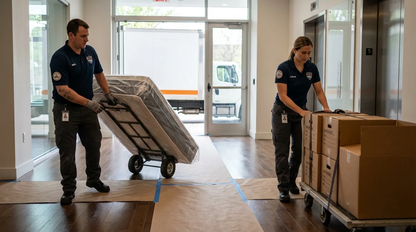 Professional apartment movers loading elevator in Dunbar, WV