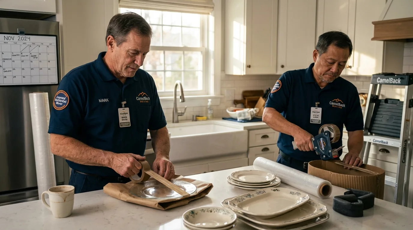 Professional crew packing kitchen dishware in Dunbar, WV